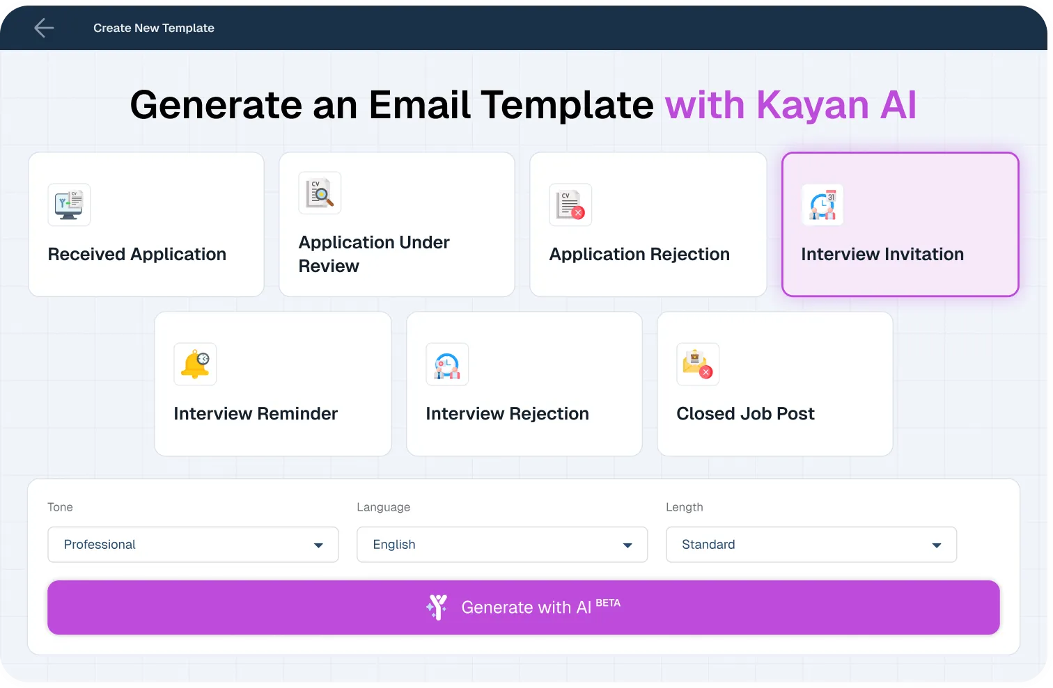 Kayan AI recruiting tool generating recruitment email templates, including Interview Invitation and Application Rejection, with tone controls.
