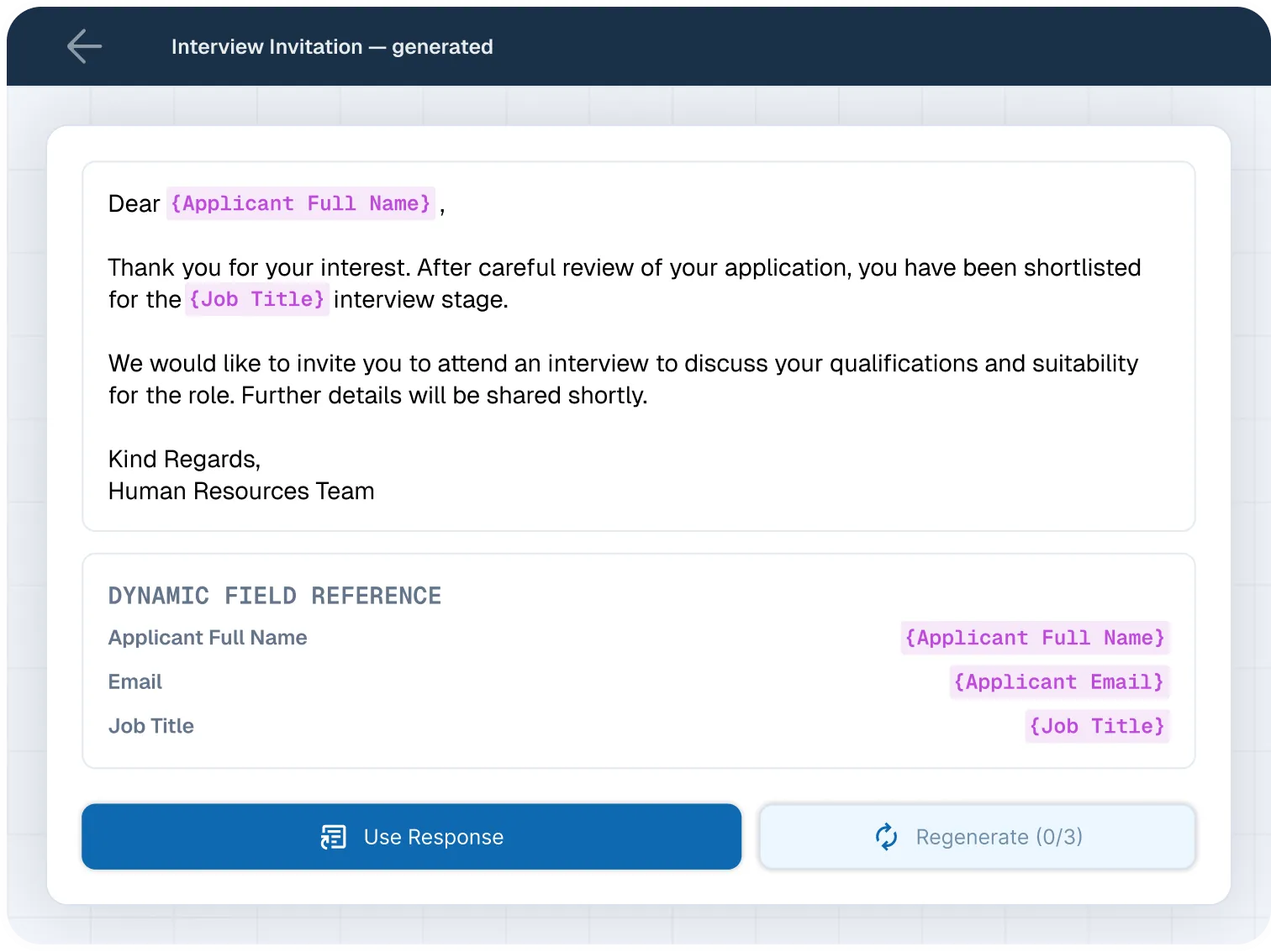 Kayan-generated interview invitation email template with dynamic fields for applicant name, job title, and email address.