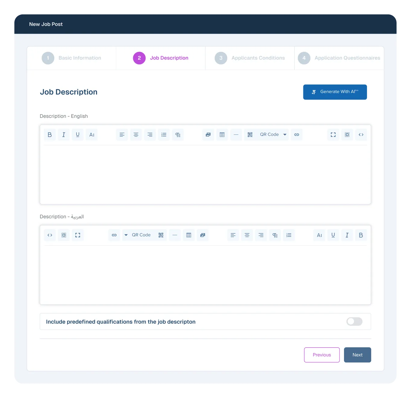 Kayan HR system job posting form with bilingual (English/Arabic) description fields and an AI content generation option.