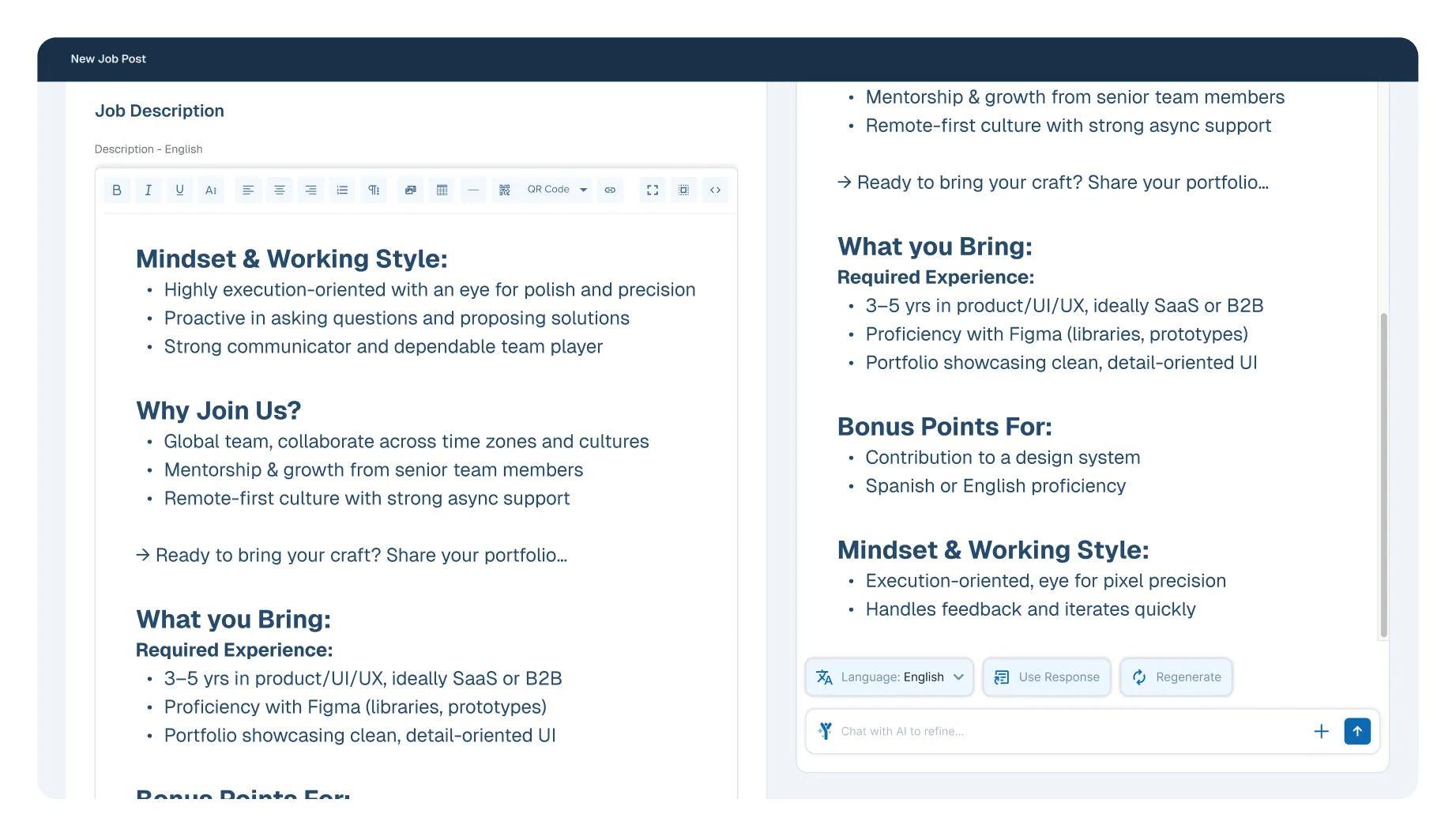 AI hiring tool in Kayan generating a full job description with required experience, bonus skills, and refine-by-chat option.