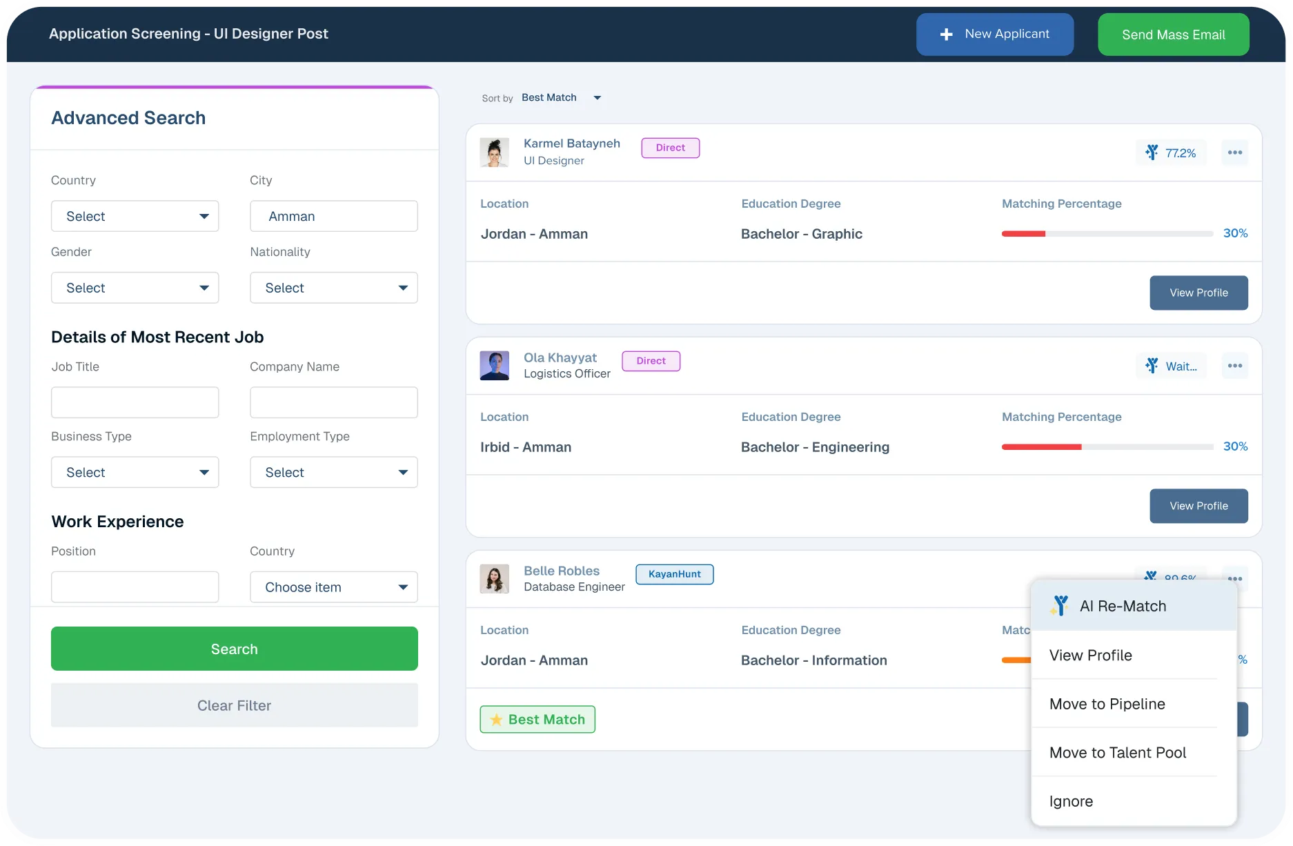 Kayan ATS advanced candidate search with AI-powered matching percentages for a UI Designer role, filtered by location and education.