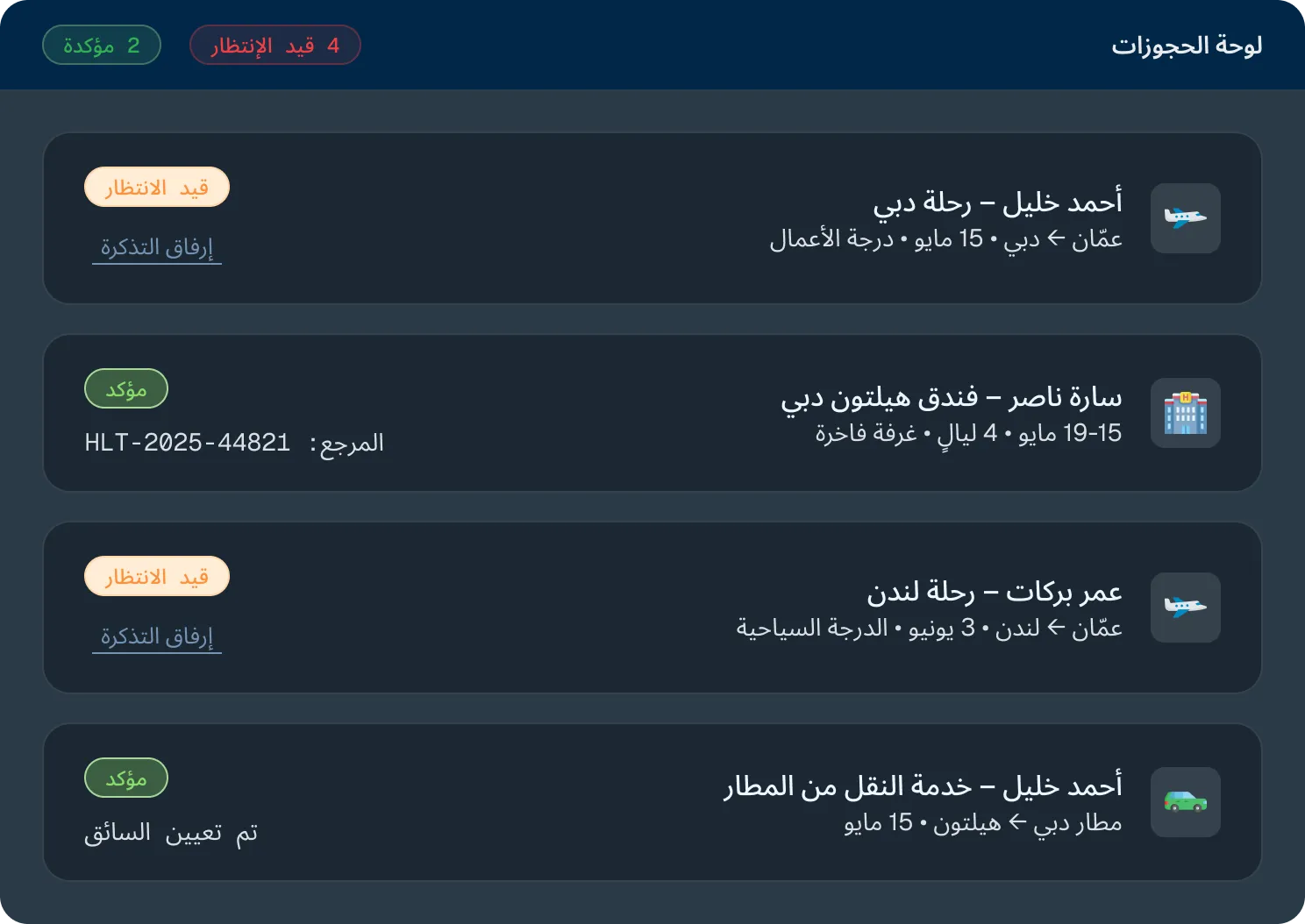 KayanHR booking officer dashboard showing pending flight, hotel, and transport bookings.