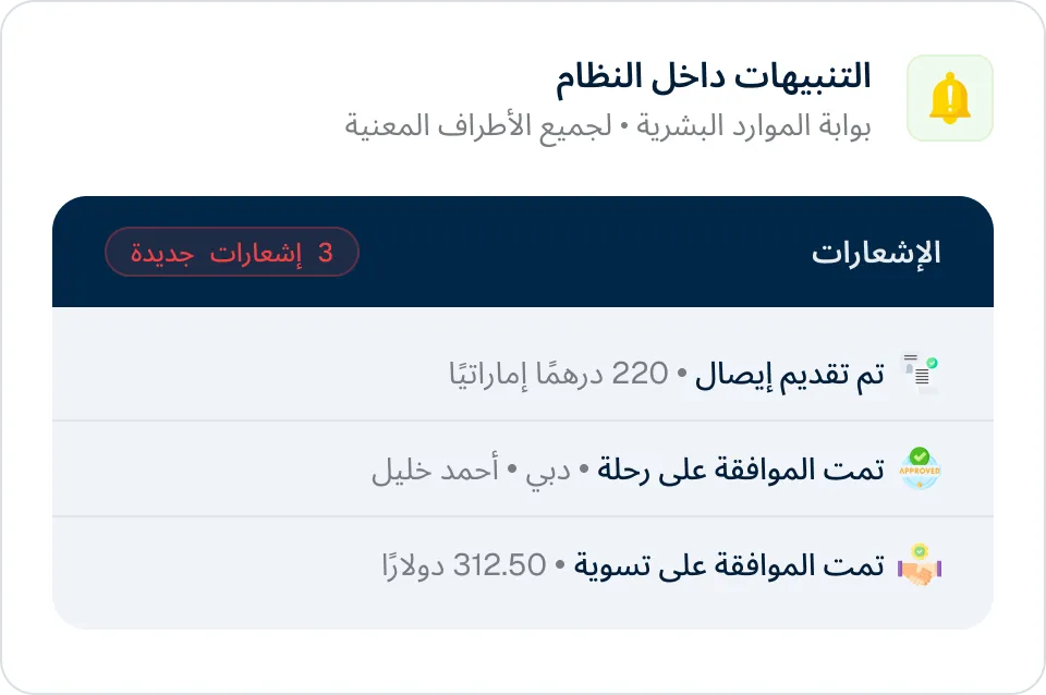 In-system alert for a business trip update in KayanHR.