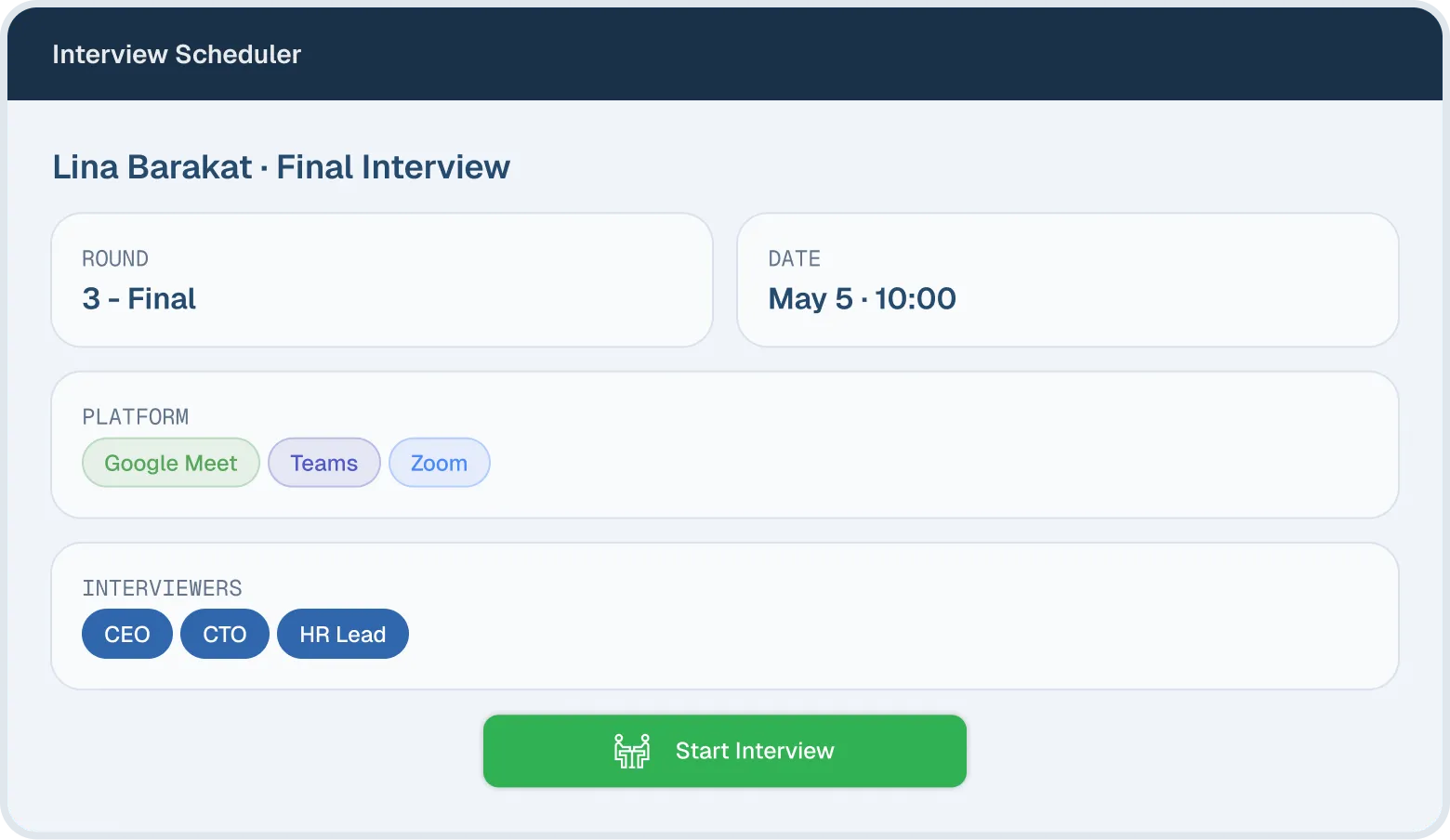 Kayan recruitment software interview scheduler showing final-round details: date, video platform, and CEO, CTO, HR Lead panel.