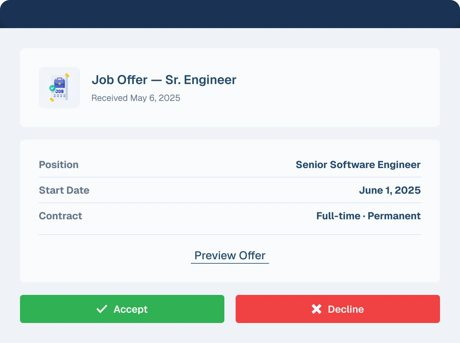 Kayan HR management system job offer screen for Senior Software Engineer with start date, contract type, and Accept/Decline actions.
