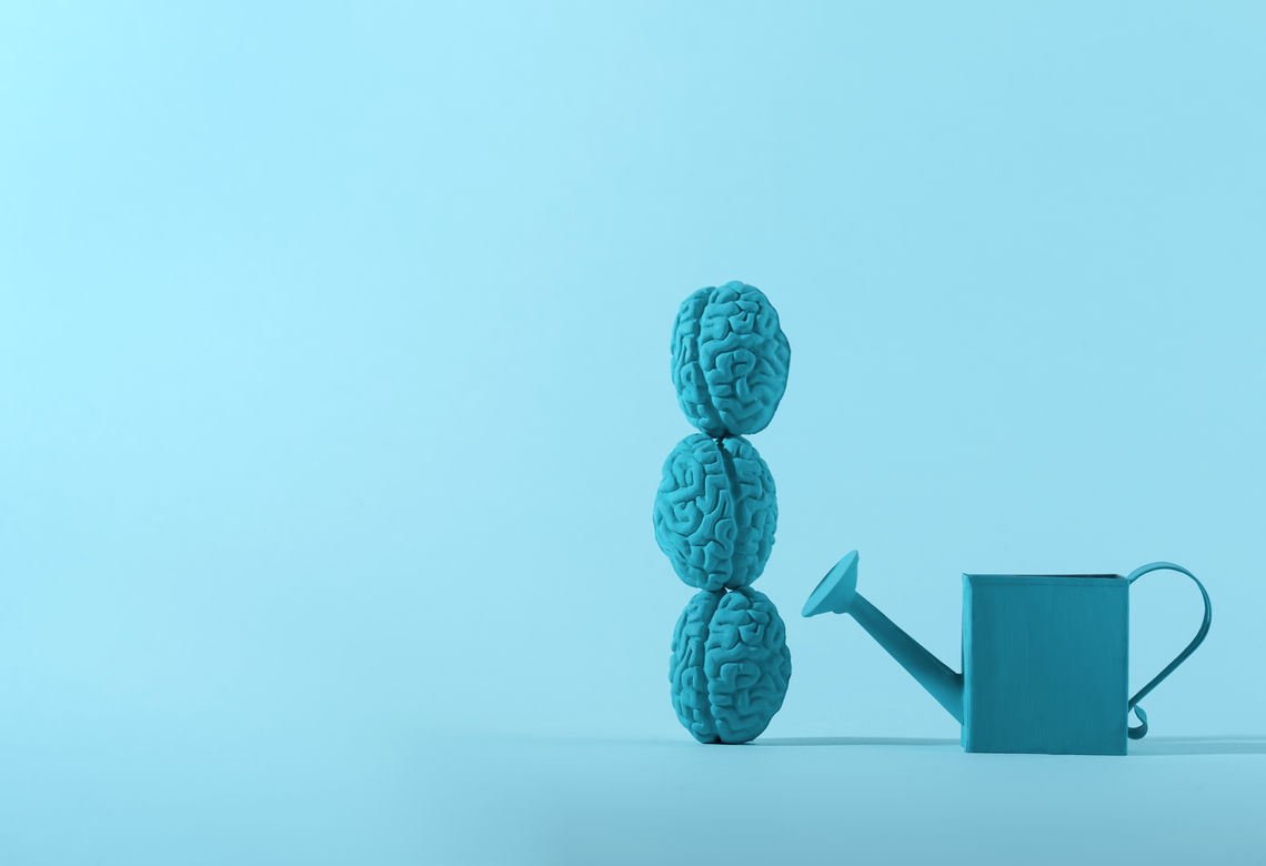 Stacked human brains next to a watering can, symbolizing mental health growth and support in the workplace.